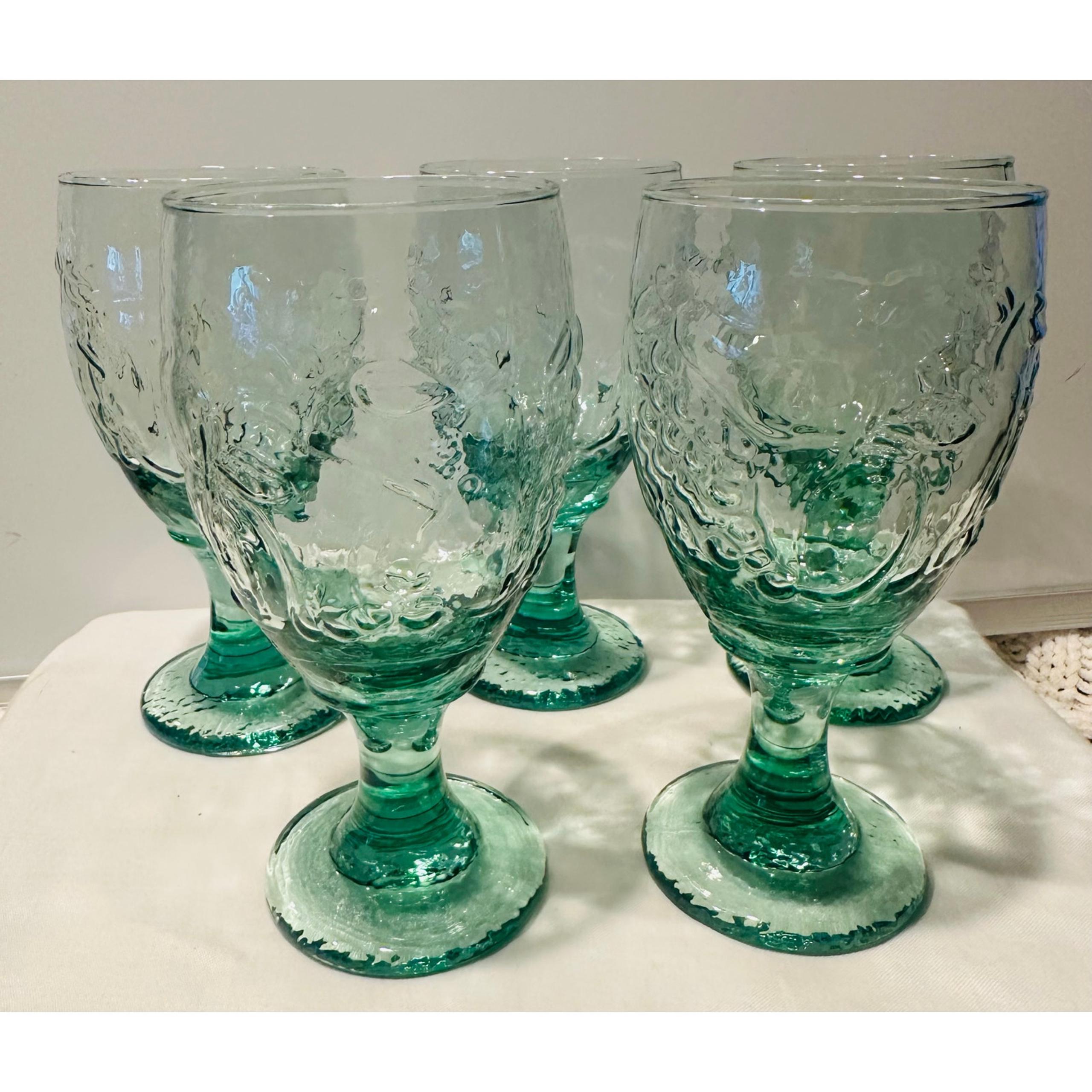 Libbey Orchard Fruit Spanish Green Water Goblets 16 oz - Set of 5 Embossed Fruit