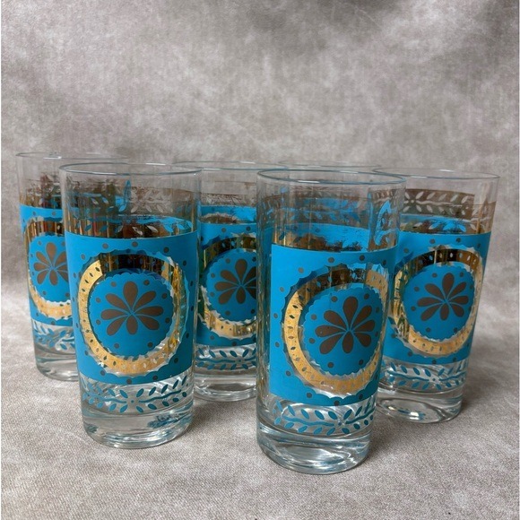 SET OF SIX MIDCENTURY GOLD & TEAL TUMBLERS