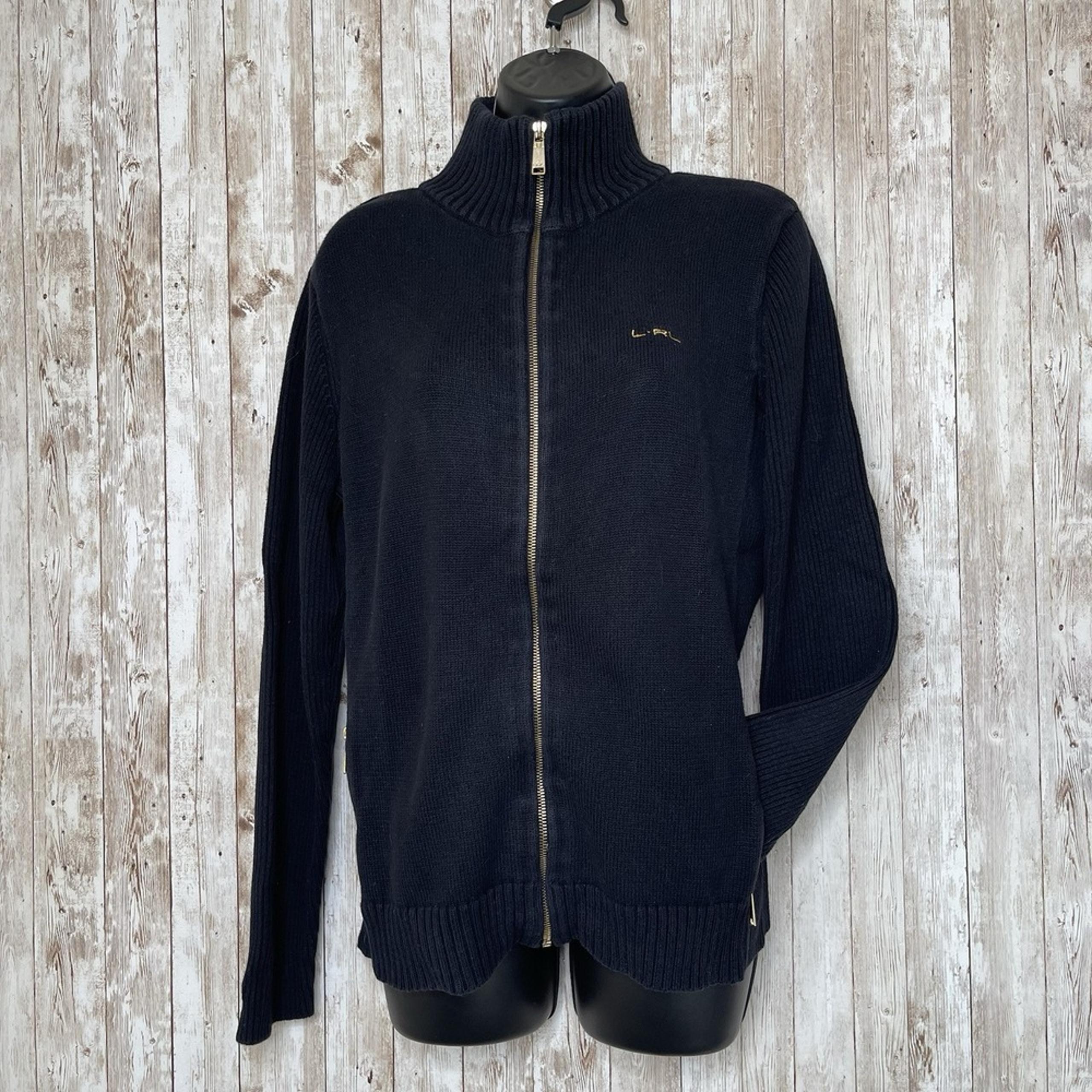 Womens Lauren Ralph Lauren LRL Black Cotton Knitted Zip Sweater Size X-Large