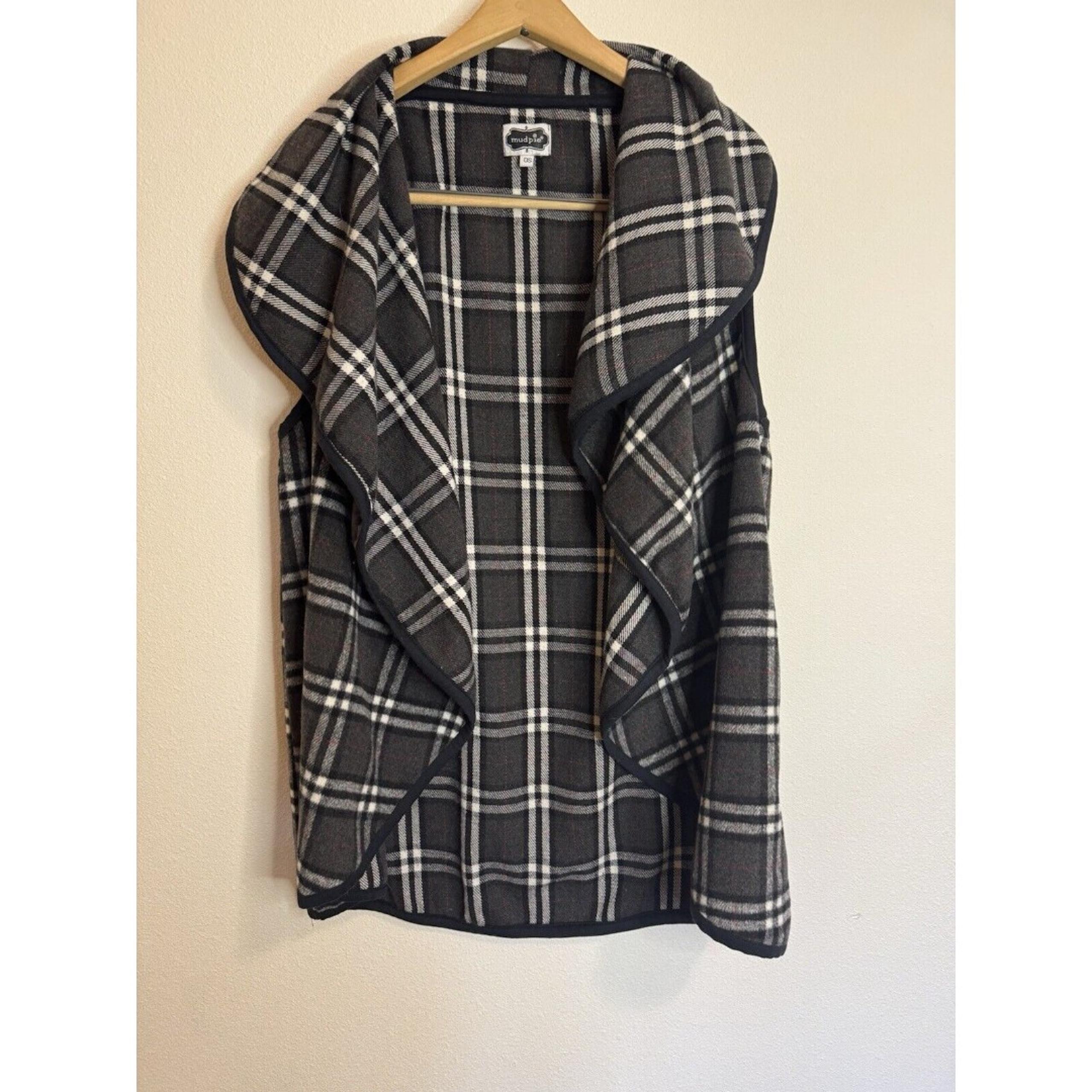 Mud Pie Vest Womens OS Plaid Black White Farm Sleeveless Fall Winter Academia