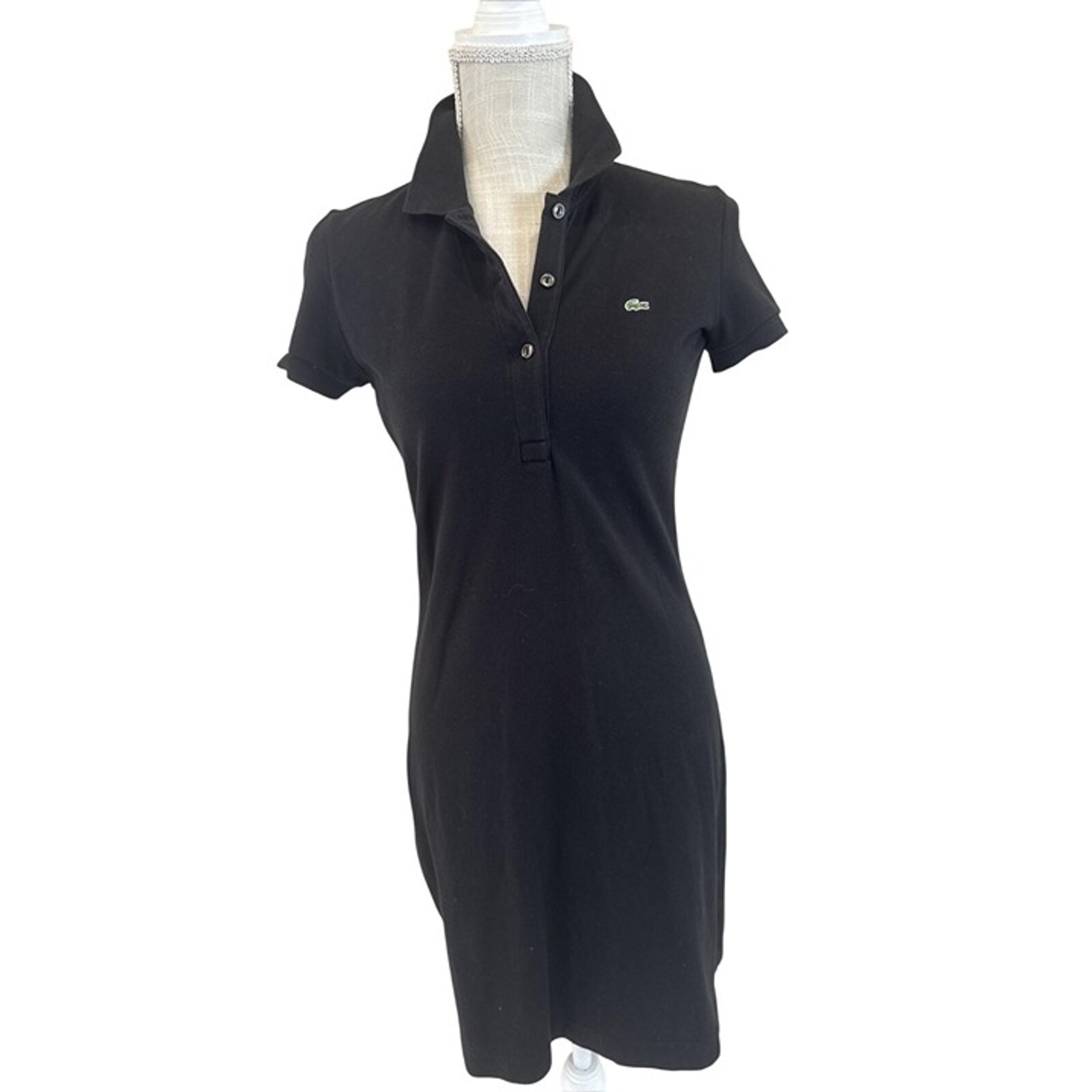 Lacoste Black Polo Dress Womens Size 36 Short Sleeve Button-Up Collar Cotton/Ela