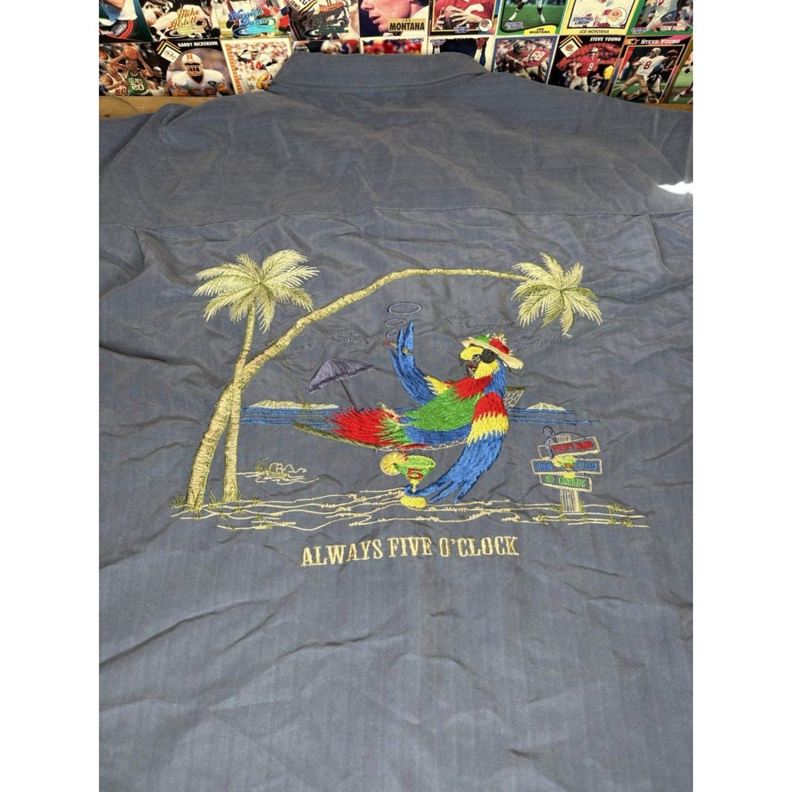 Vintage Bamboo Cay “It’s Always 5 O’clock” Shirt  Button Up Hawaiian Parrot Blue