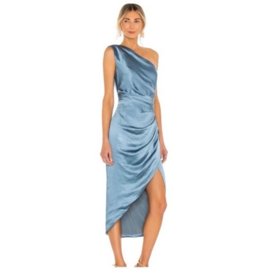 ELLIATT CASSINI ONE SHOULDER SATIN DRESS IN BLUE