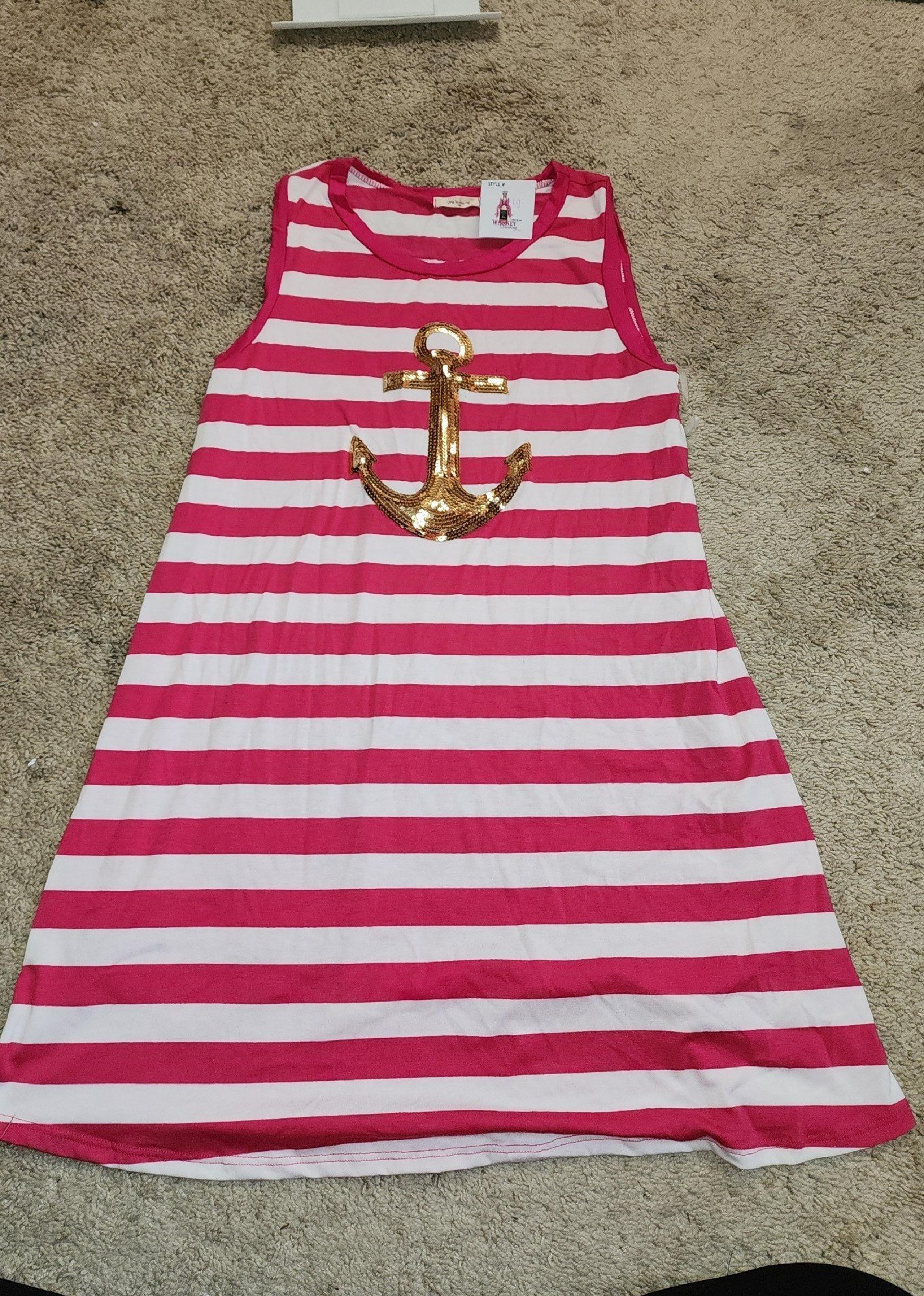 Pink striped sleeveless dress with gold sequin anchor 12pm by mon ami
