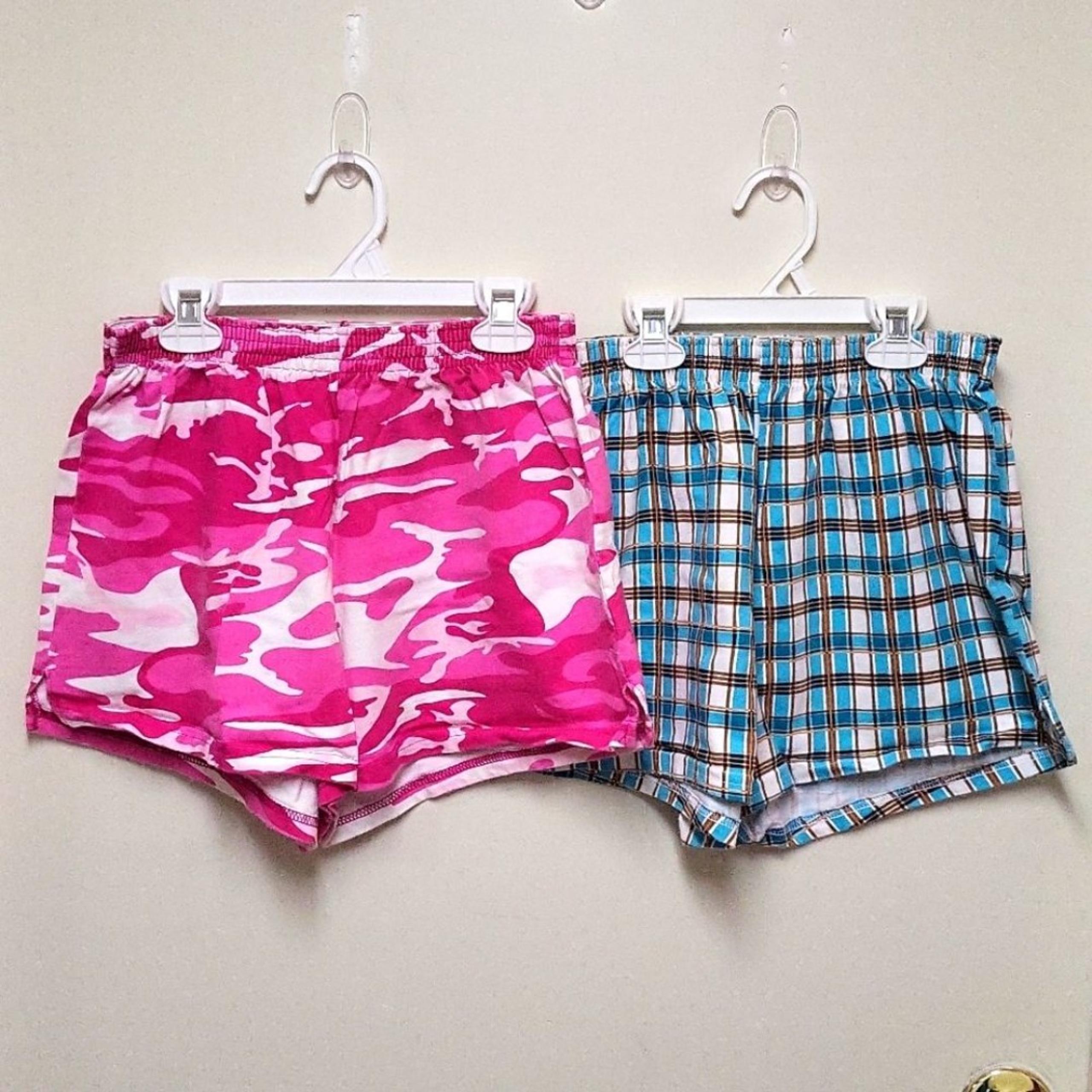 Vintage 2 Pair of Soffe Pull-on Shorts  in Pink Camo and Teal/Brown Plaid