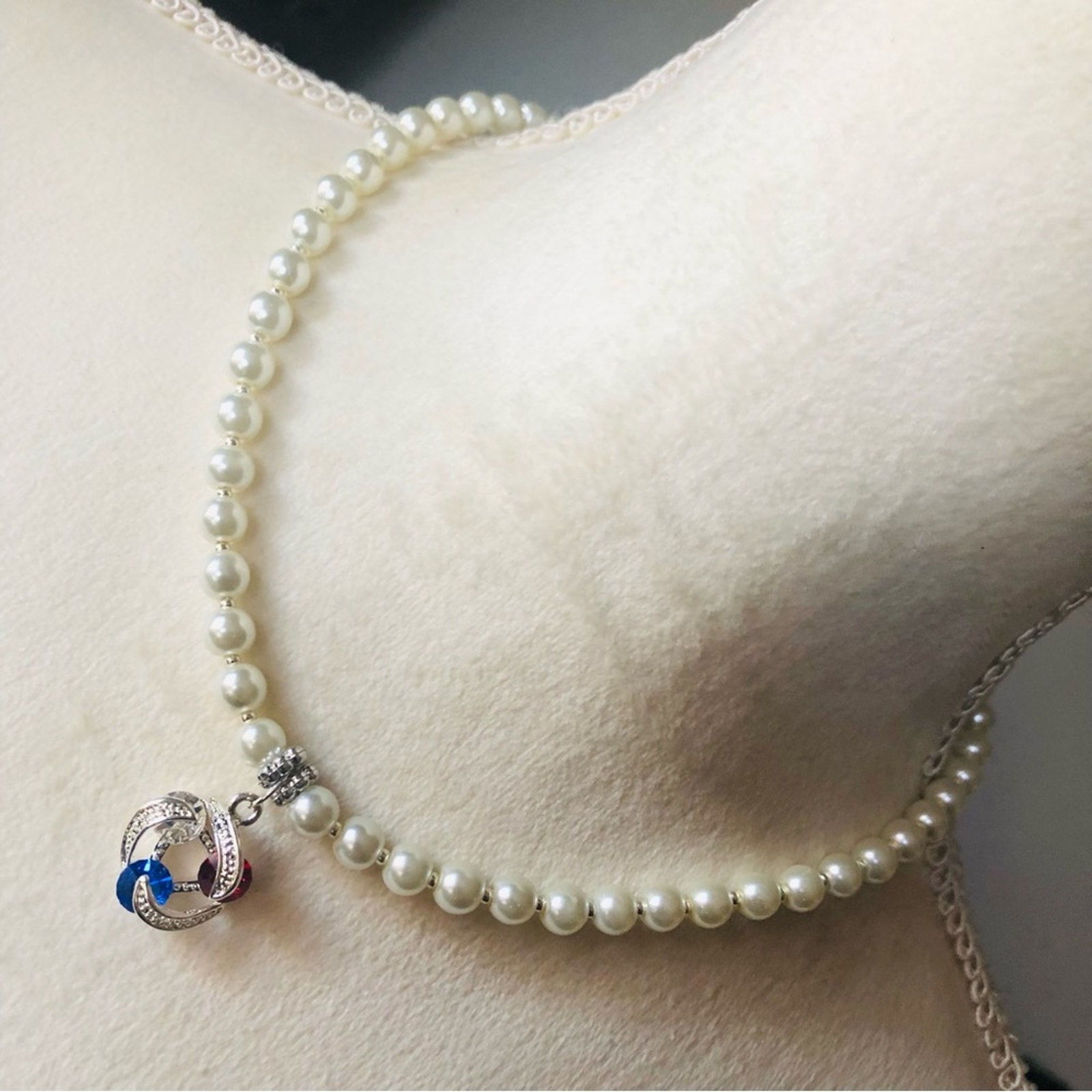 Handcrafted repurpose red white & blue stone pendant Czech glass Pearl necklace
