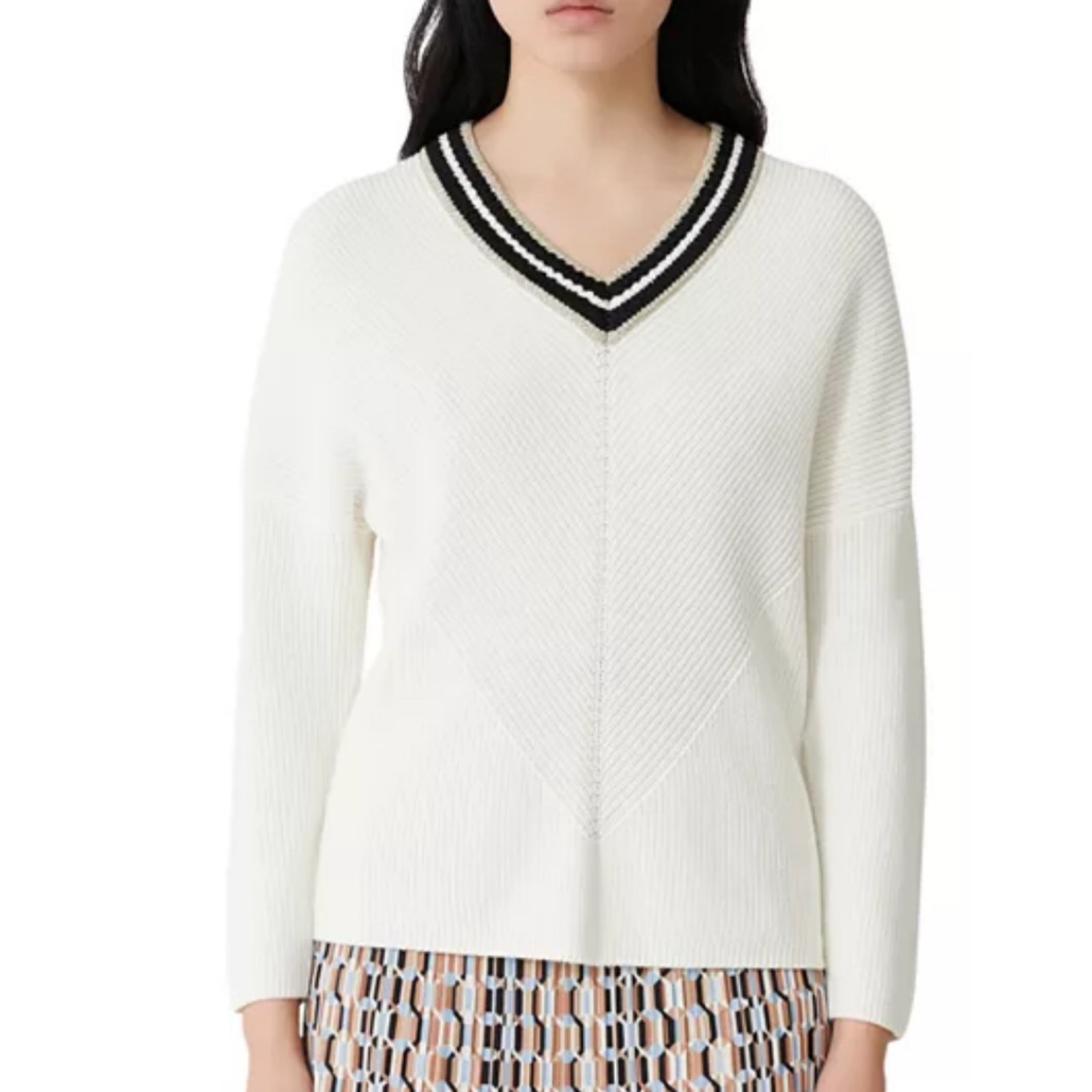 Maje Meteo Ribbed V Neck Sweater Tennis Preppy Cotton Off White Sz 3 Large