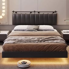 Full Floating Bed Frame with Led Lights &Wall Mounted Headboard, Low Profile Bed