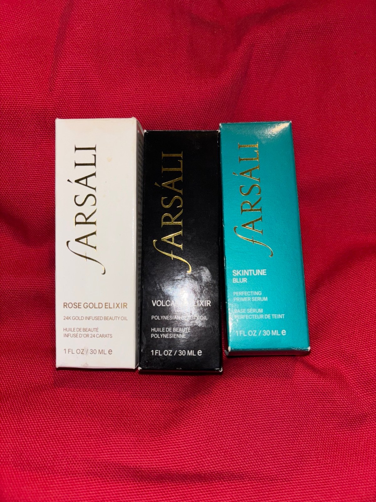 Farsali trio, Rose gold elixir, volcano elixir, Skintune blur