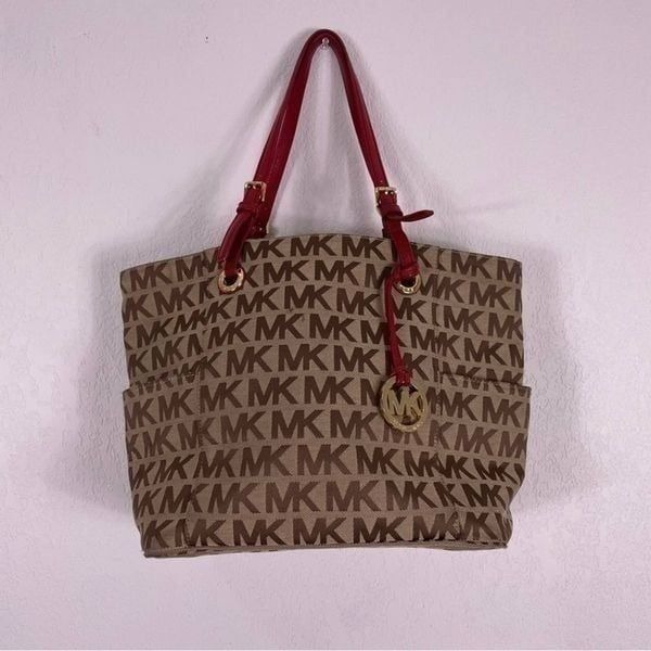 Michael Kors Brown Monogram with Red Leather Strap Tote Bag Purse