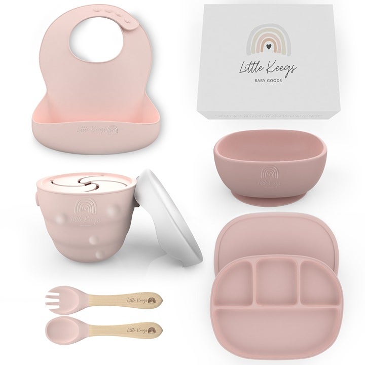 Little Keegs Baby Feeding Set - Silicone Dishes, Utensils, Bib, Snack Cup - Pink