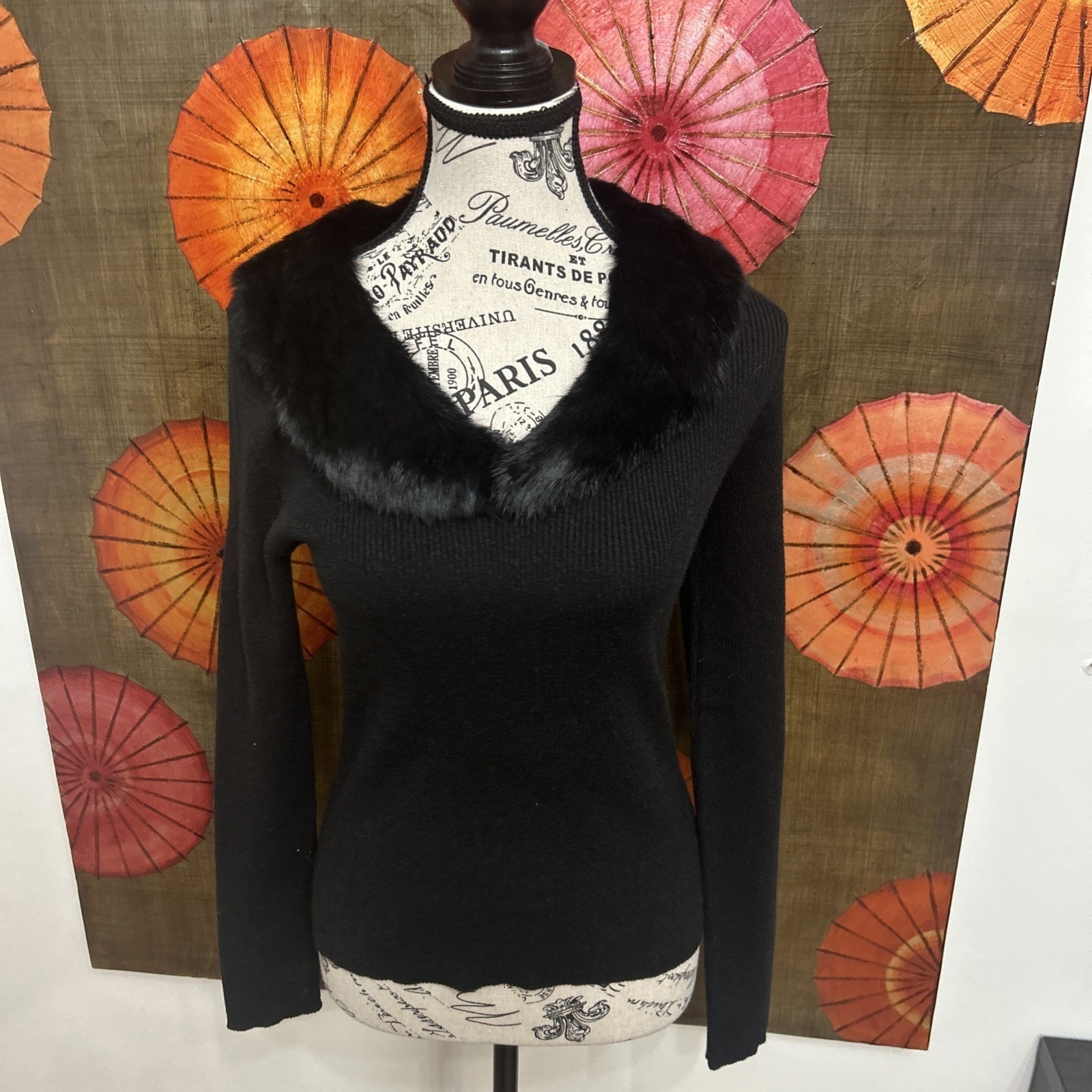 John Paul Richard Uniform Removable Rabbit Fur Collar Sweater Classic Luxe Sz M