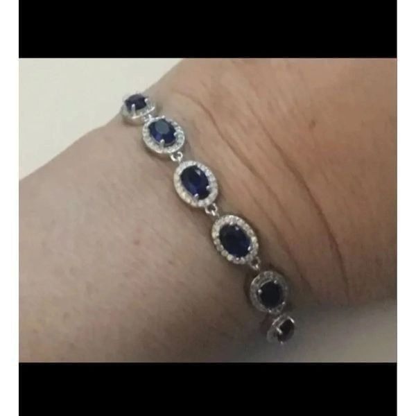 Gorgeous New 5 Ct. Oval Cut Blue & White Sapphire Halo Design Tennis Bracelet