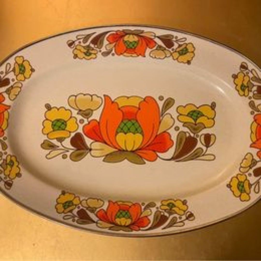 Sanko-Ware Japan Country Flowers Serving Platter Porcelain Enameled Steel [107]