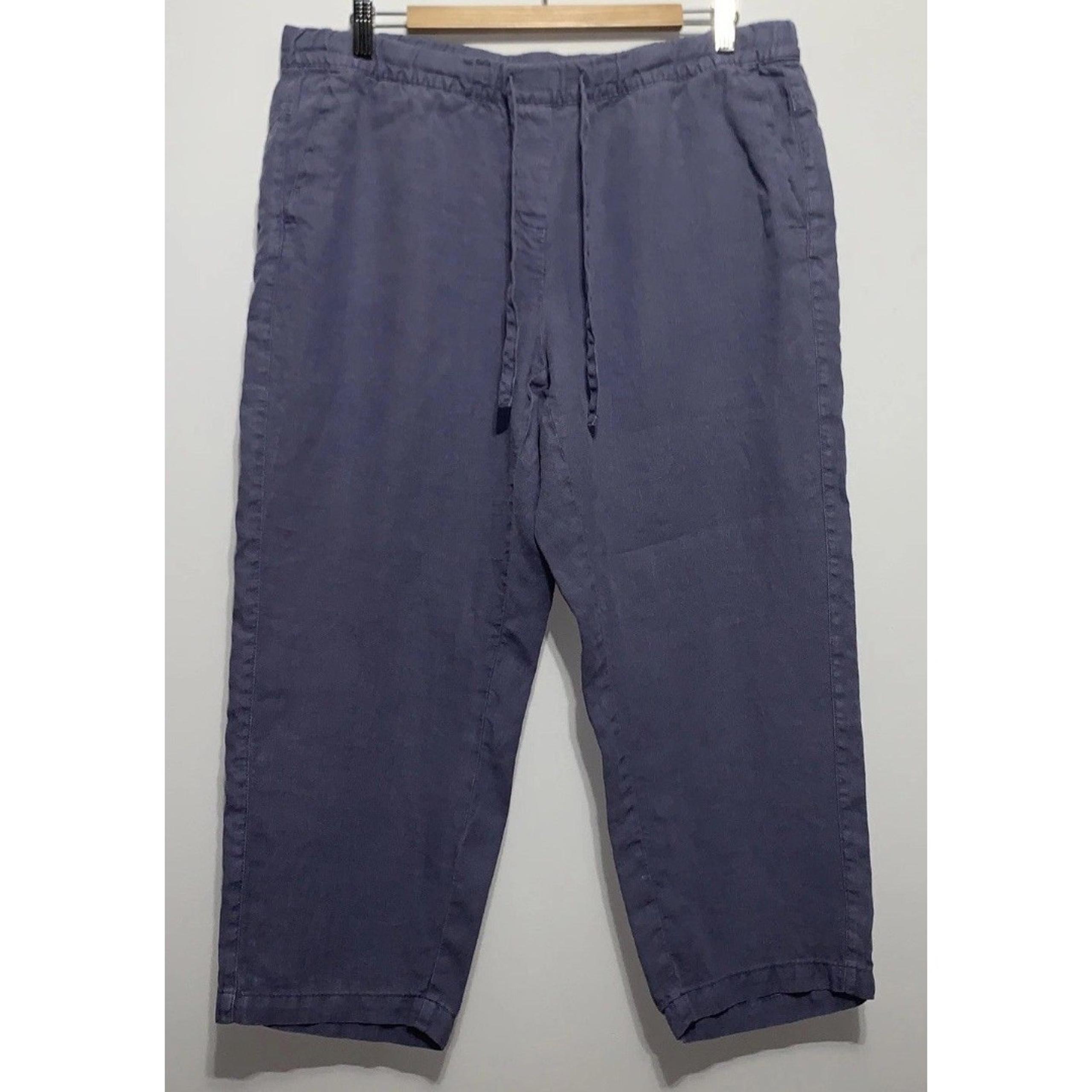 J Jill Pants Womens Large Blue Linen Pockets Elastic Waist Loose Crop Beachy