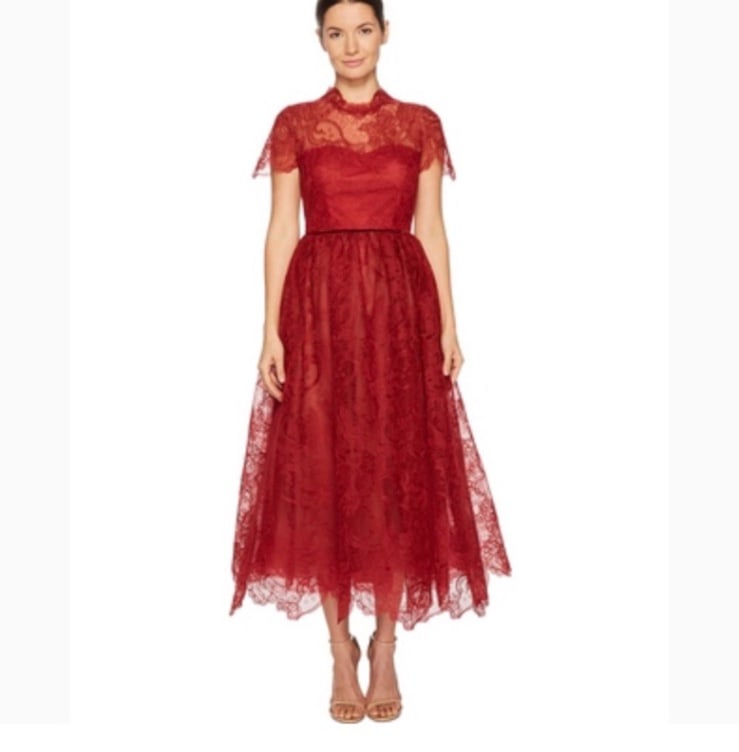Marchesa Notte Short Sleeve Wired Lace Tea Length