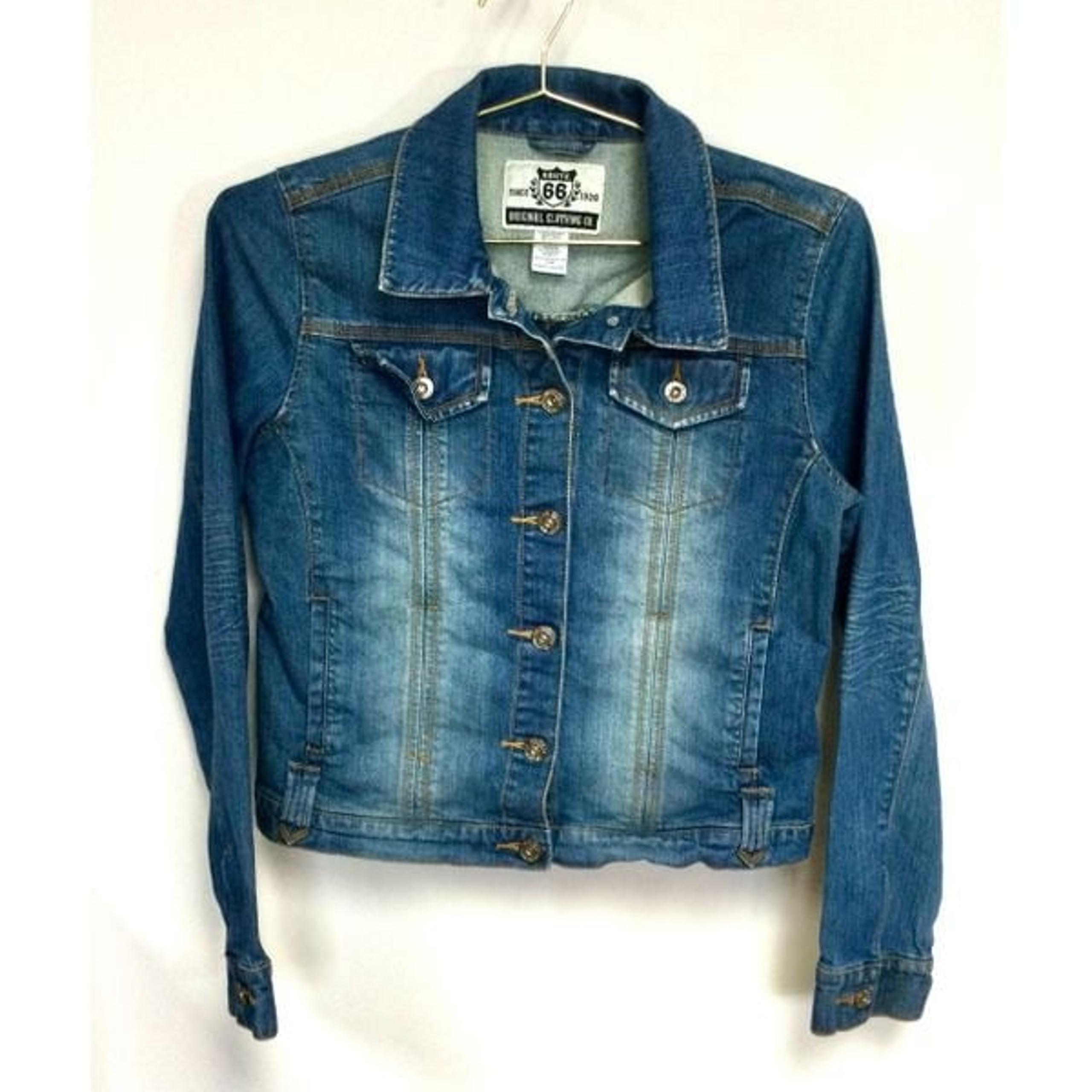 Vintage Route 66 Womens Blue Denim Jean Jacket Medium Stone Wash Elbow Large