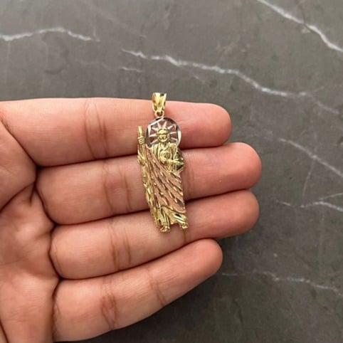 Real 10K Yellow Gold Diamond Cut Saint Jude San Judas with Halo Pendant Charm