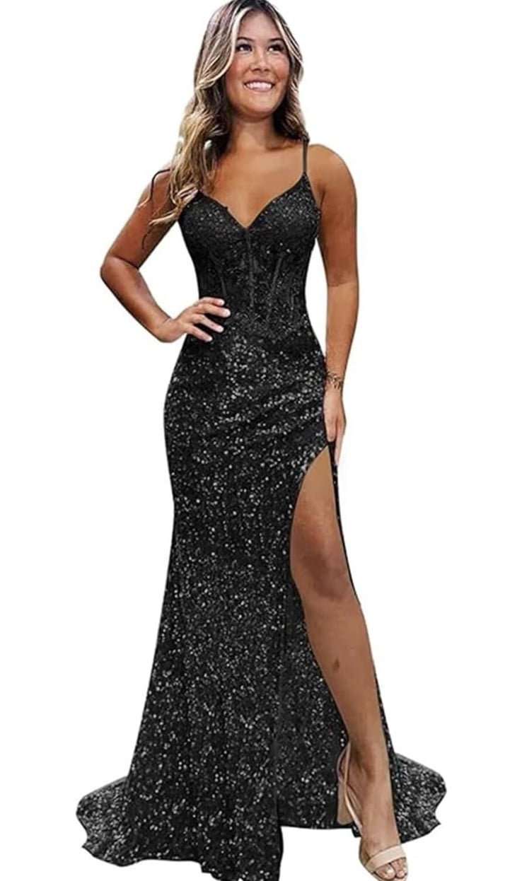 Black sequined prom dress