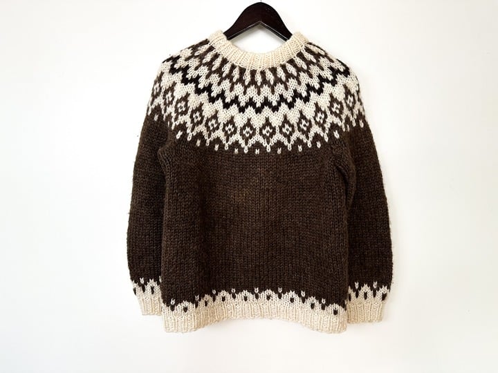 Vintage 70s Dark Brown + Ivory Chunky Knit Fair Isle Wool Sweater Womens Medium