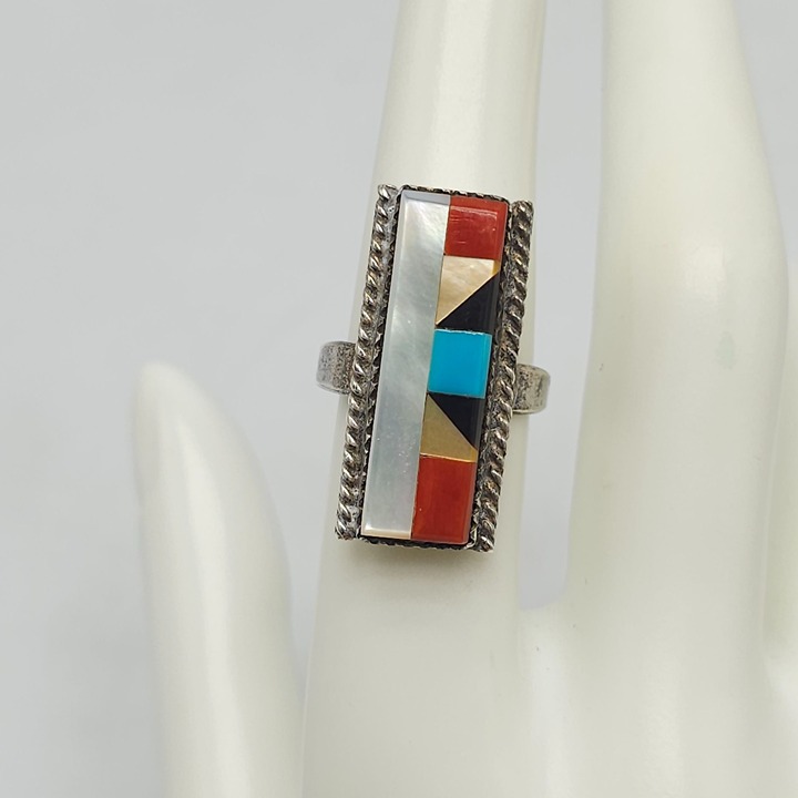 Calvin Tom Navajo Sterling Silver Multi-Stone Mosaic Inlay Ring Size 7
