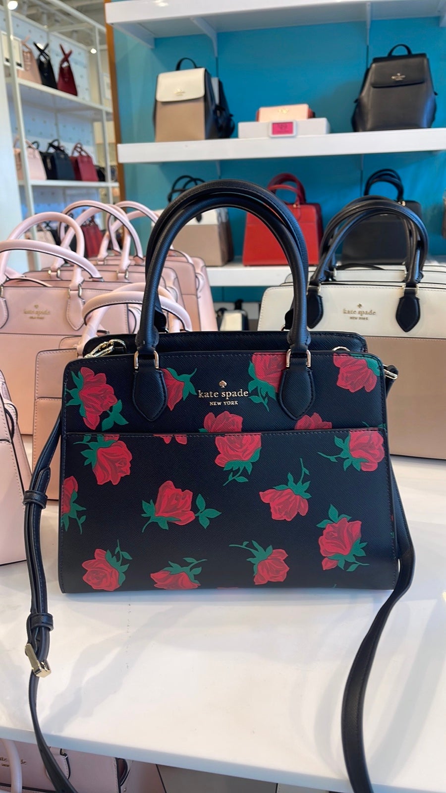 Kate Spade Madison Safiano Leather Medium Rose Toss Print Satchel Handbag NWT