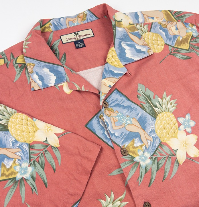 Tommy Bahama Silk Pineapple Hawaiian Shirt Men's Medium Loop Collar Floral Red