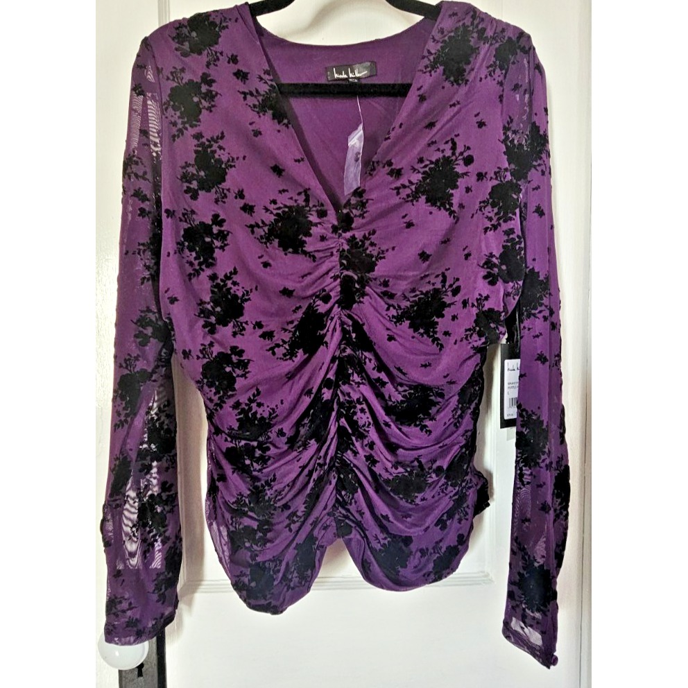 NWT Nicole Miller ruched mesh burnout purple pennant lined woman Sz L