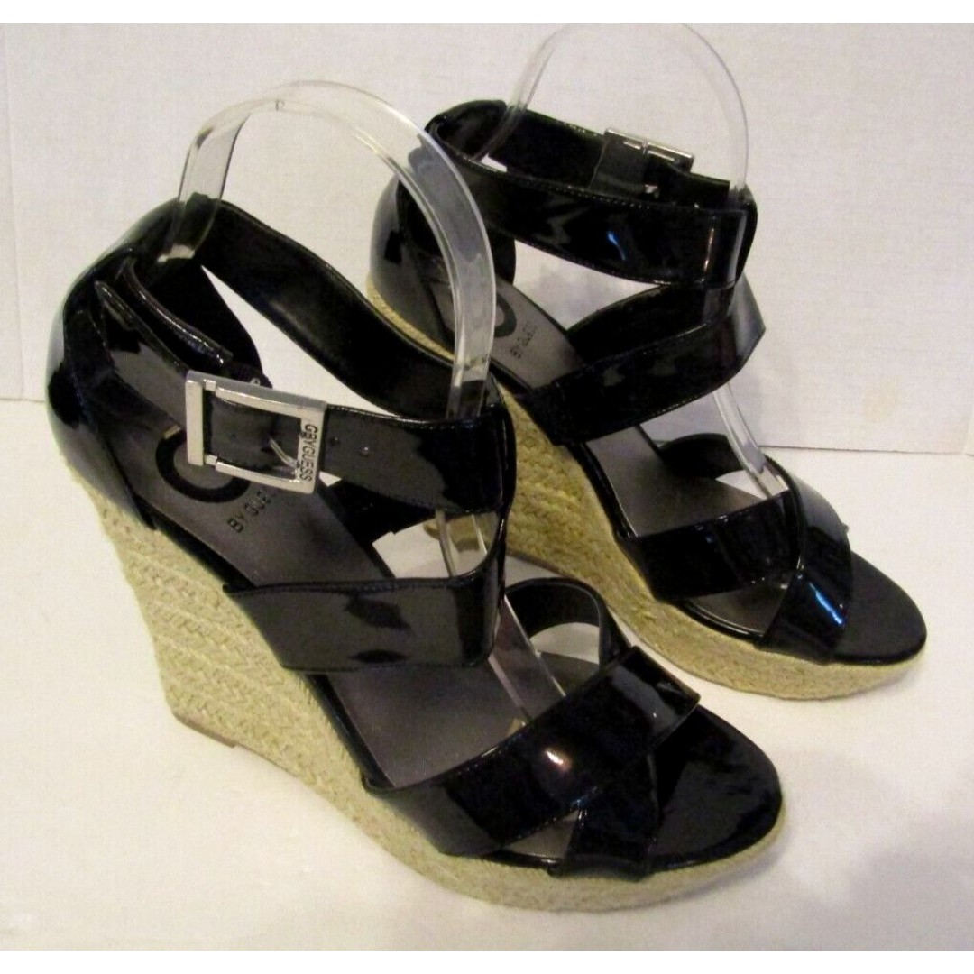 G by Guess Black Patent Leather Wedge Rope Sandals Womens Heels Size 8M