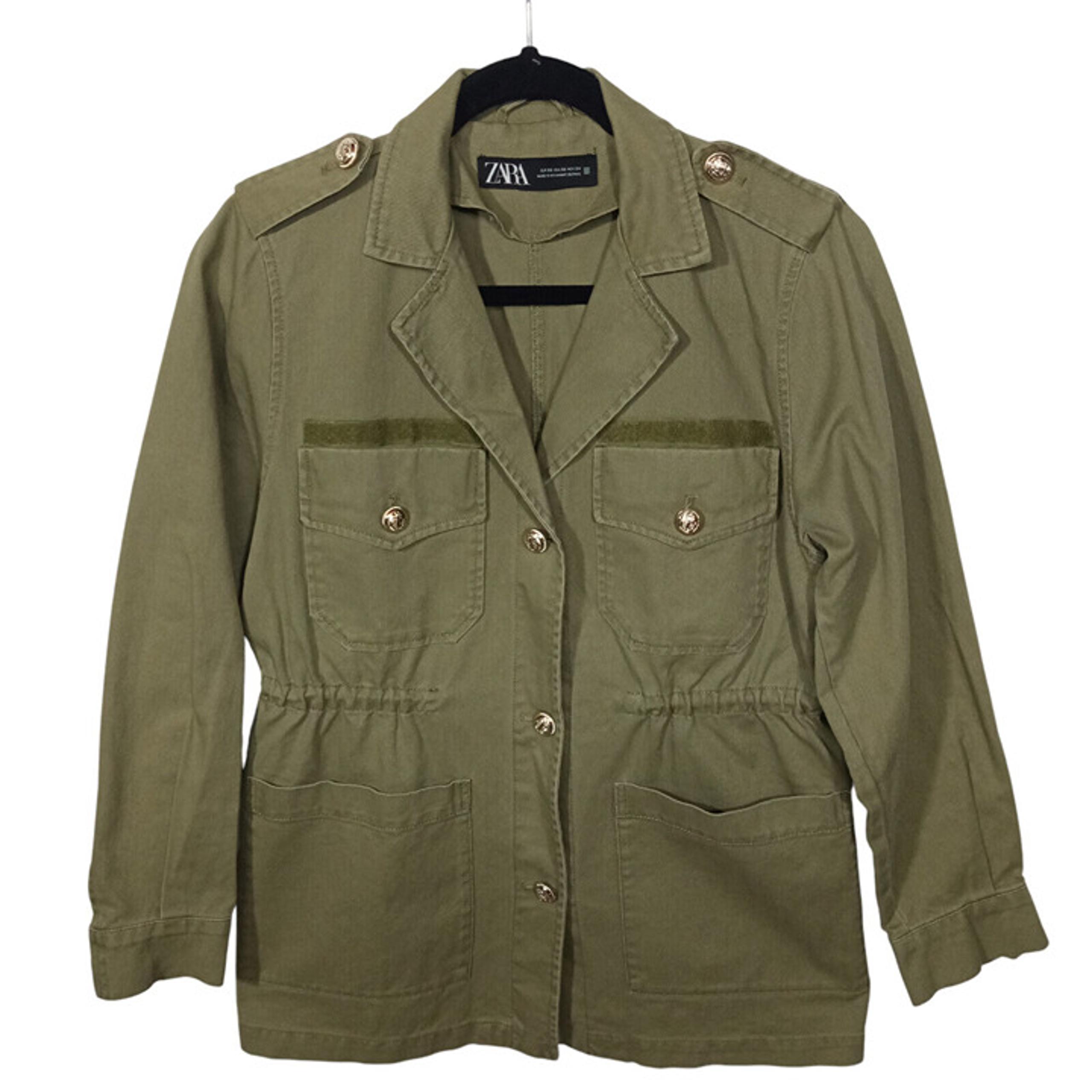 Zara Womens Military Jacket Size XS 100% Cotton Green Button Front Cinch Waist