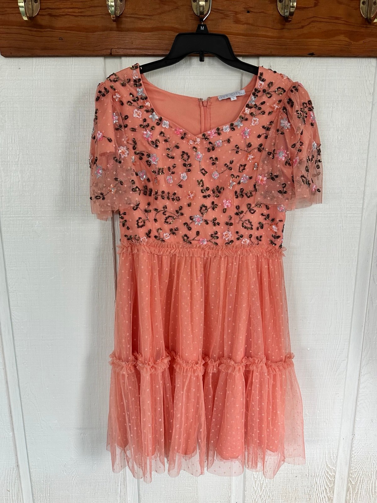 Ivy City Milan Peach Floral Embroidered Dress in Sorbet