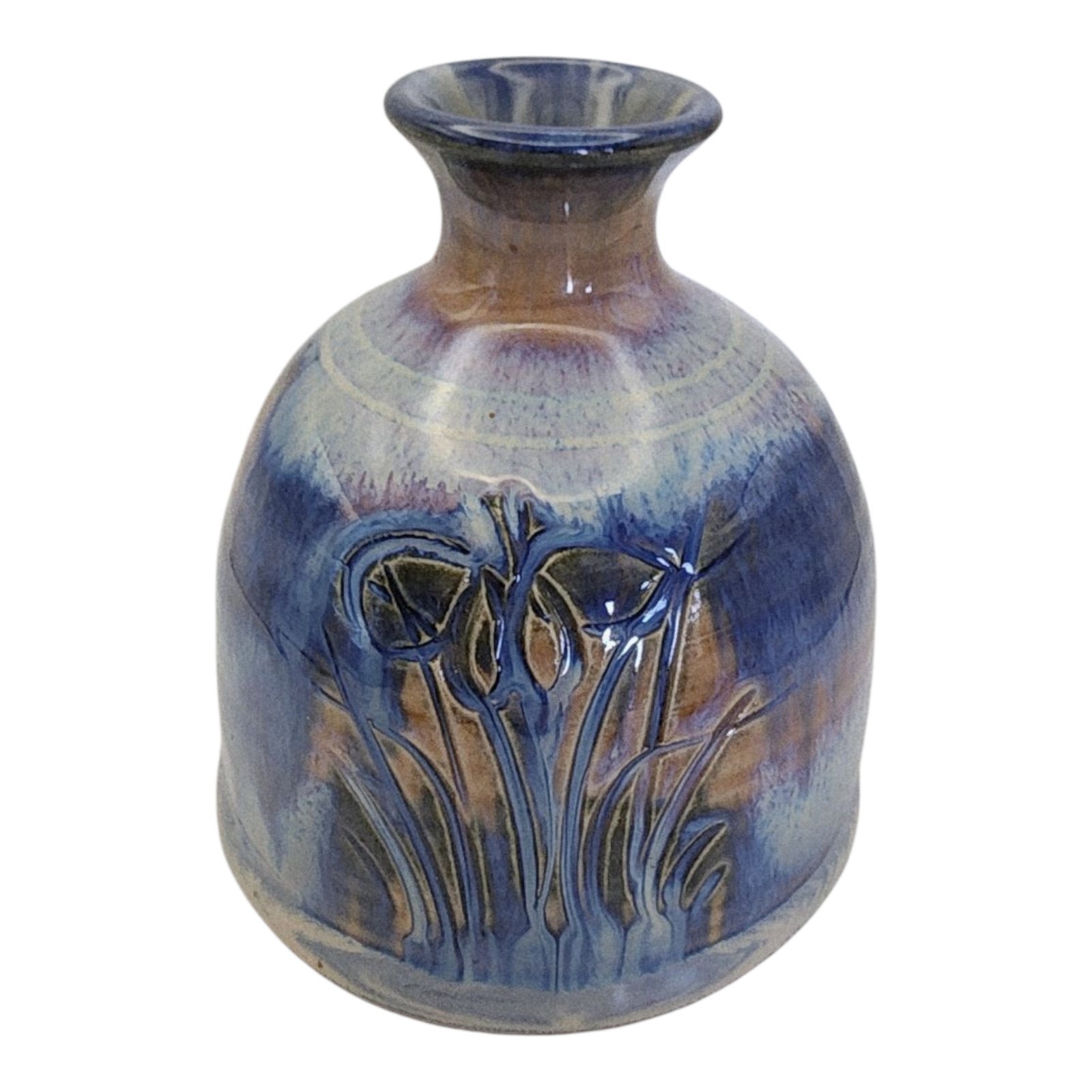 VTG Floral Greg Olson Ceramic Bud Vase 5 Bottle Signed Pottery Blue Iris 80s