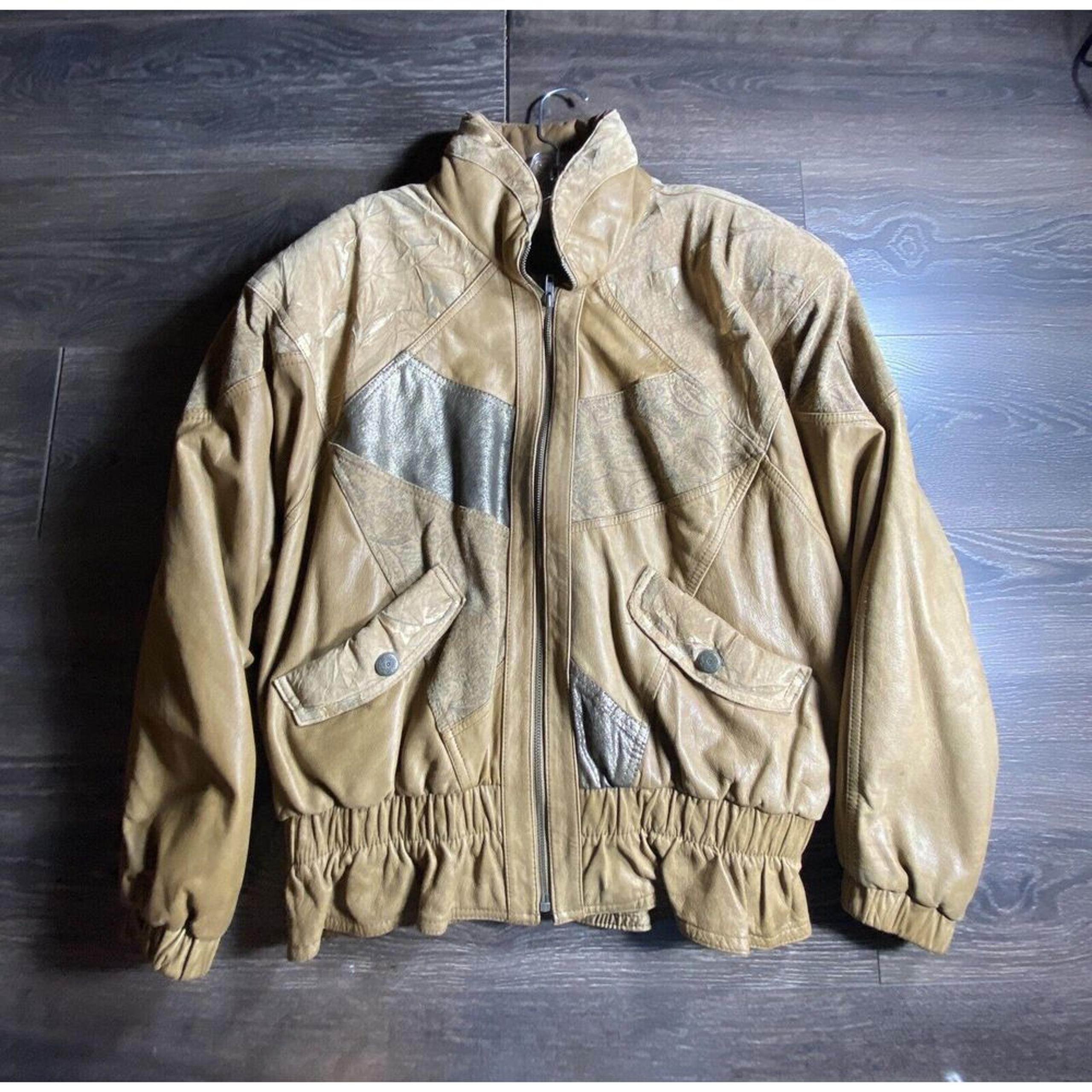 Vintage Retro Winlit Womens Leather Bomber Jacket Brown Patchwork Lg Edgy Boho