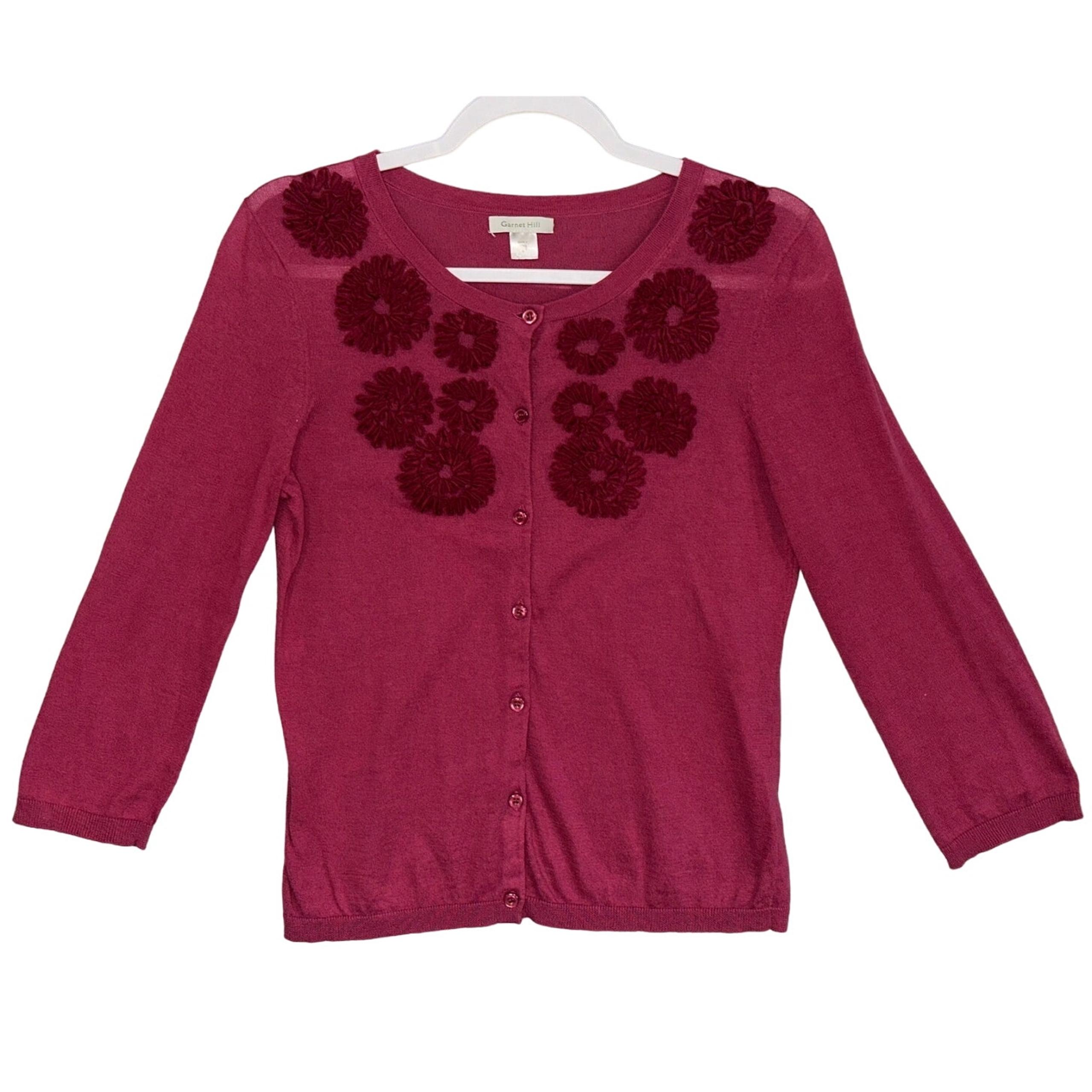 Garnet Hill Sz S Dark Pink Floral Embroidered 3/4 Sleeve button front cardigan