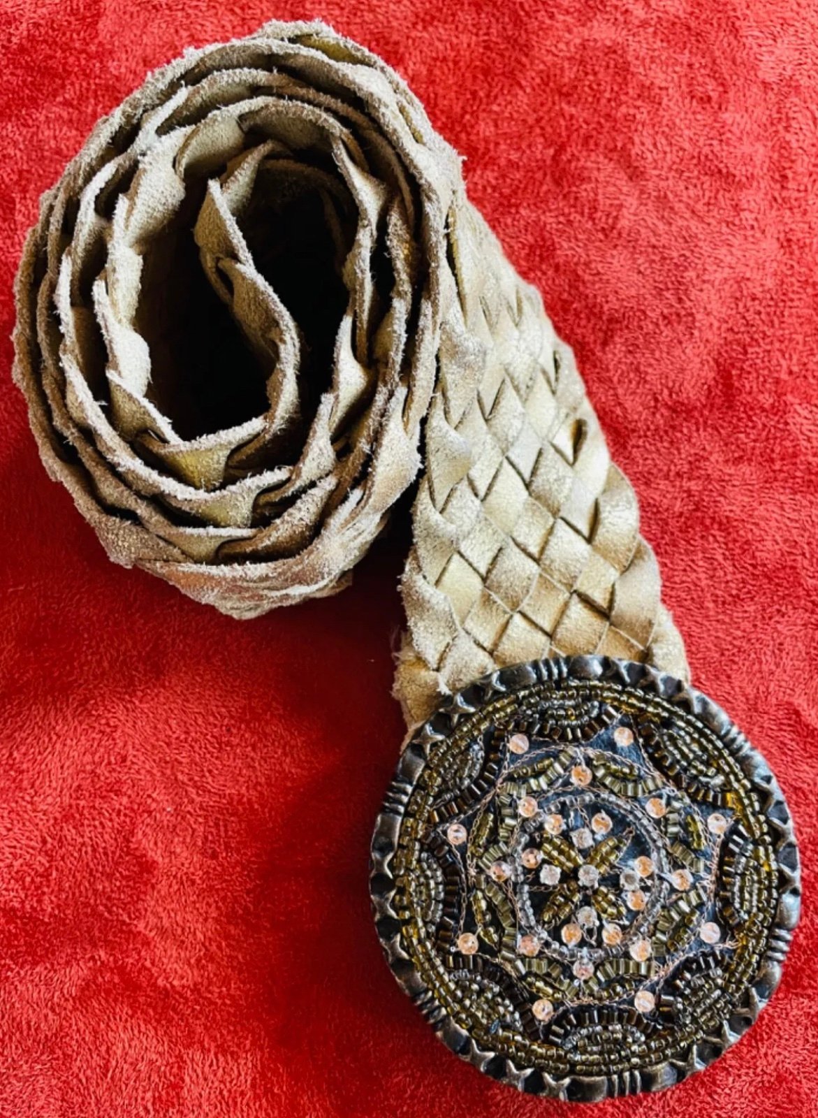 Rhinestone Concho belt buckle, woven leather belt