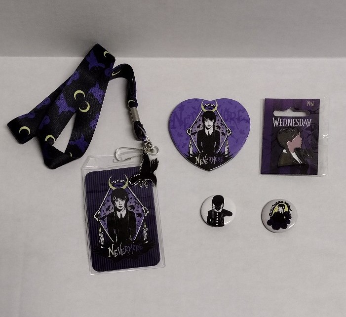 New Wednesday Nevermore Academy Button Pins & Lanyard Set