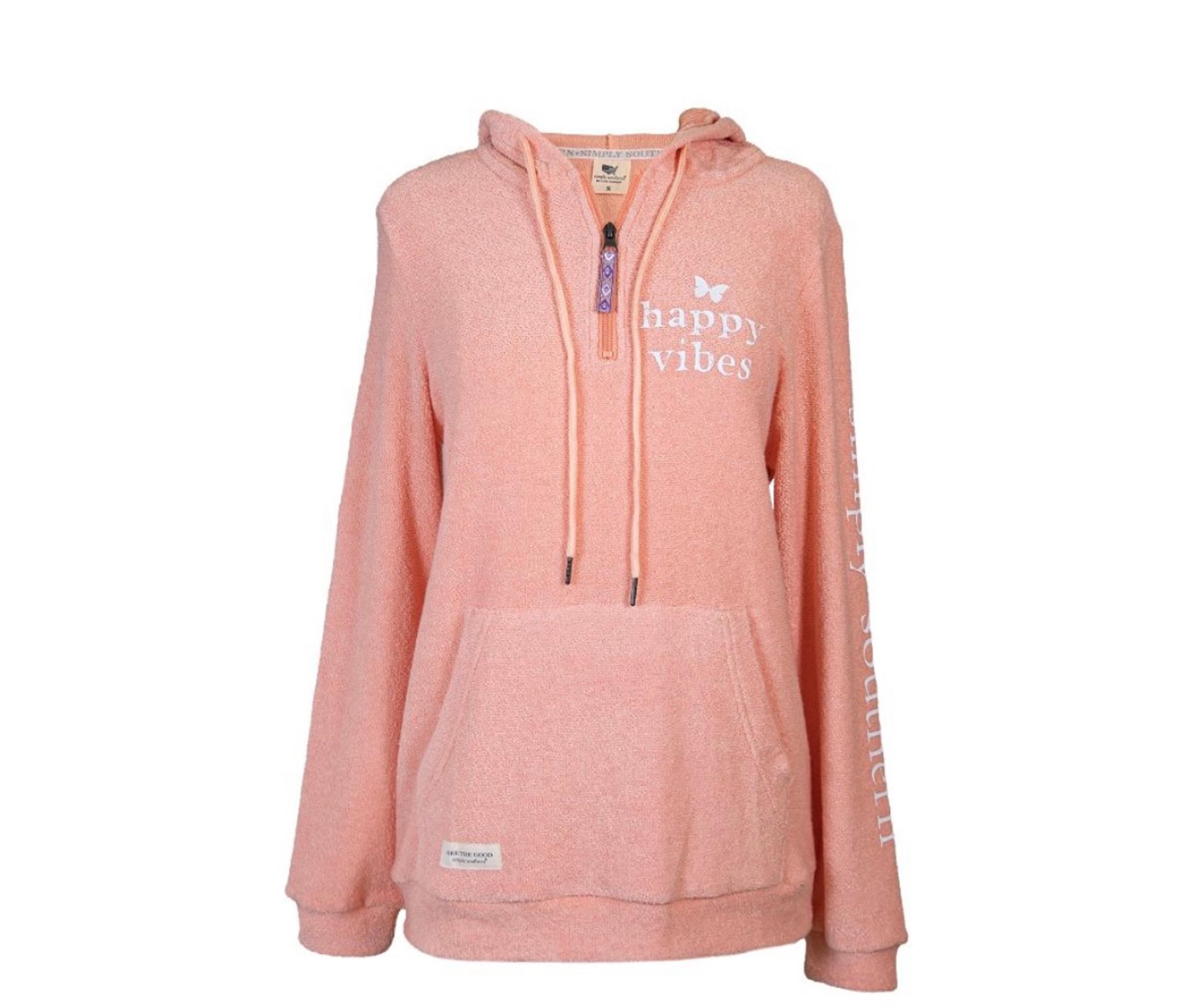 Simply Southern Peach Terry Cloth Happy Vibes Hooded Pullover Sweatshirt Women L