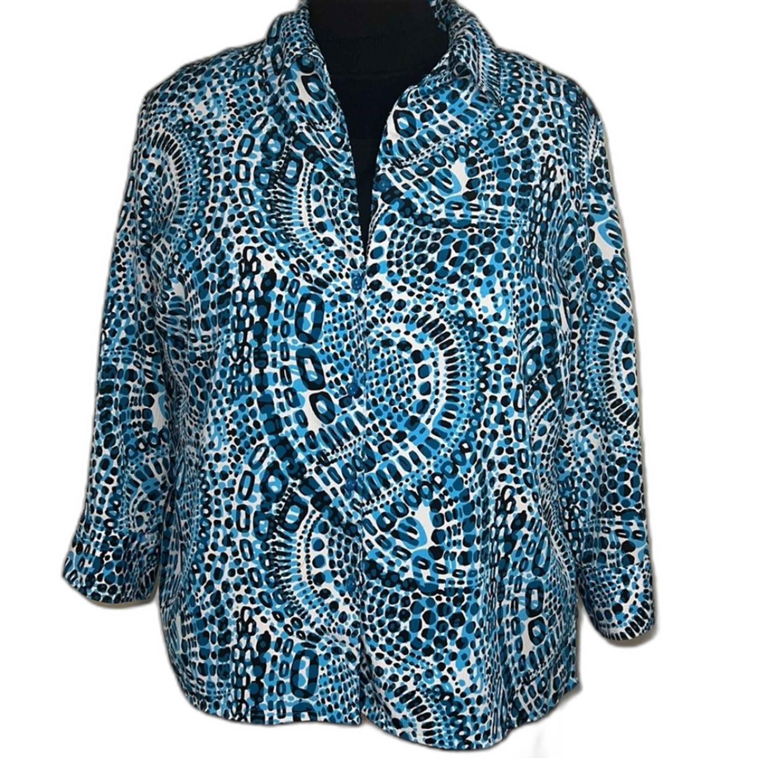 Elementz Women's Size XL Blouse Blue and White with Black Built-in Tank Buttons