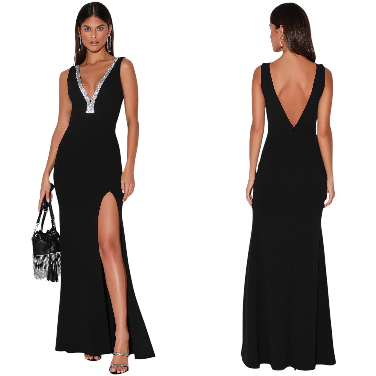 Lulus Stunned By You Black Rhinestone Mermaid Maxi Dress size XL