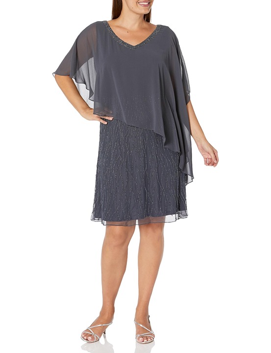 J Kara Women's Asymetrical Capelet Short Beaded Dress: Size 12: Color Plum