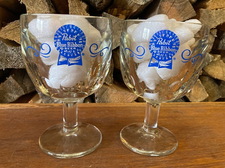 PBR Pabst Blue Ribbon beer brewing brewery thumbprint glasses goblets blue logos