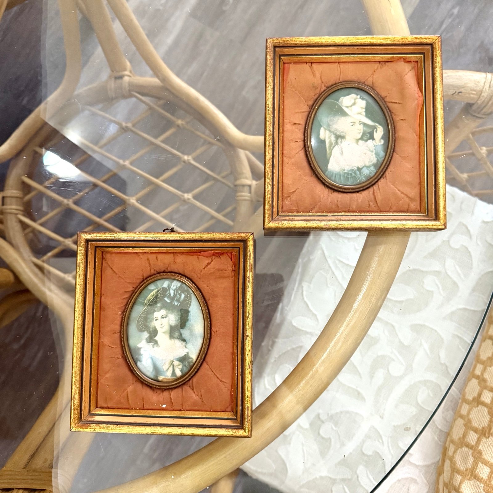 Set of 2 Antique Cameo Portraits Gold Fabric & Frame