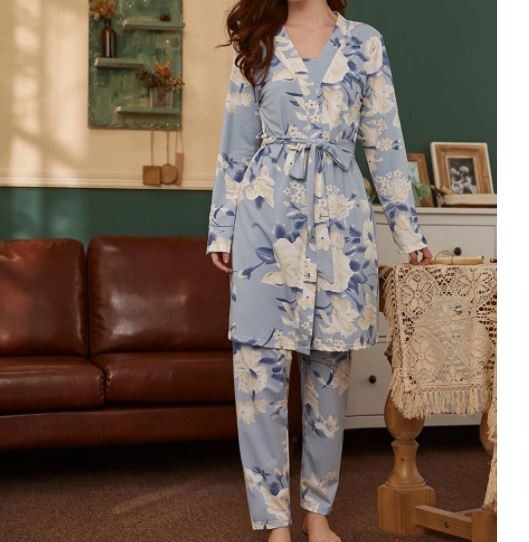Long Sleeve 3pcs Floral Print Pajama Set & Belted Robe Sets L5