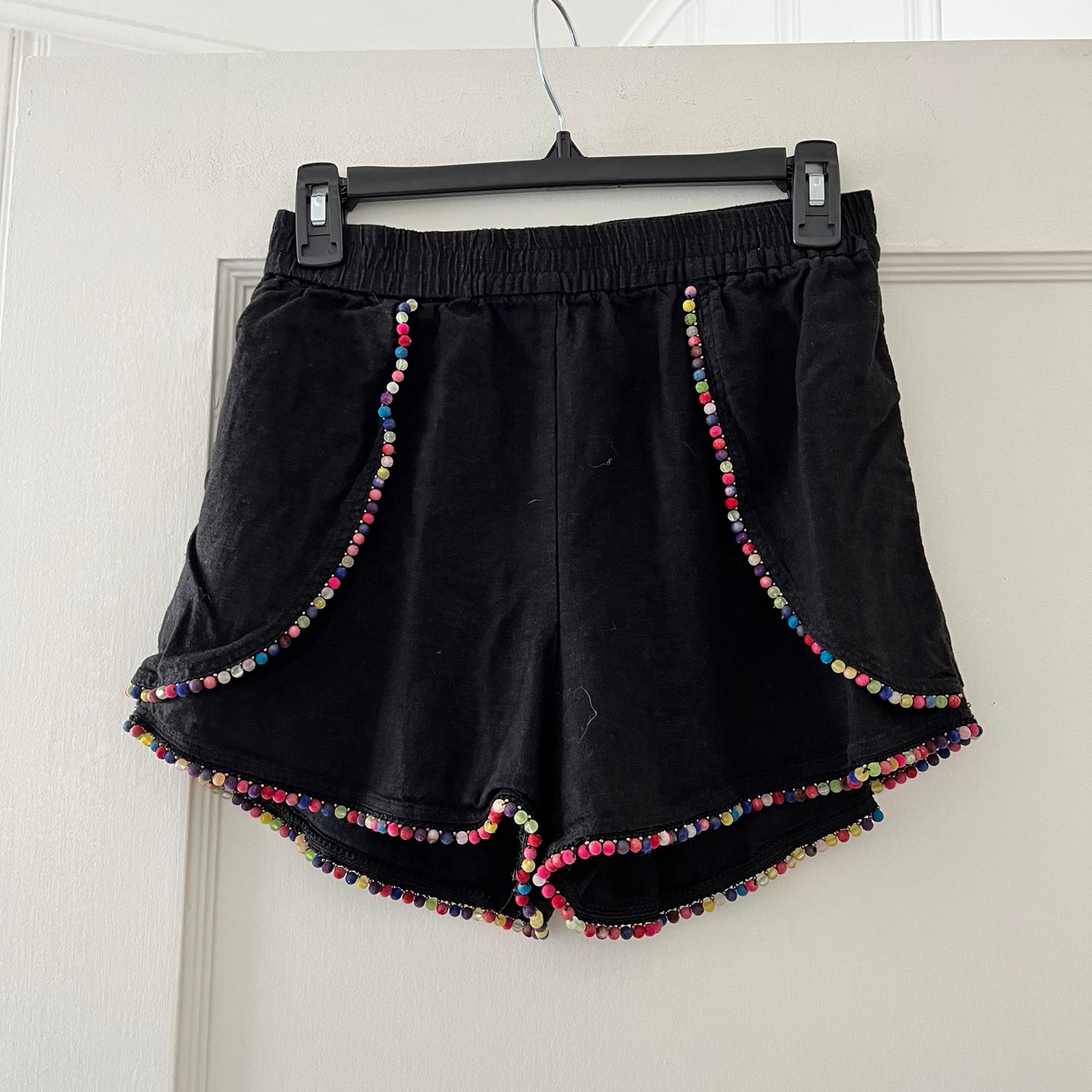 BCBGeneration black linen blend multicolored Pom Pom pull on shorts XXS EUC