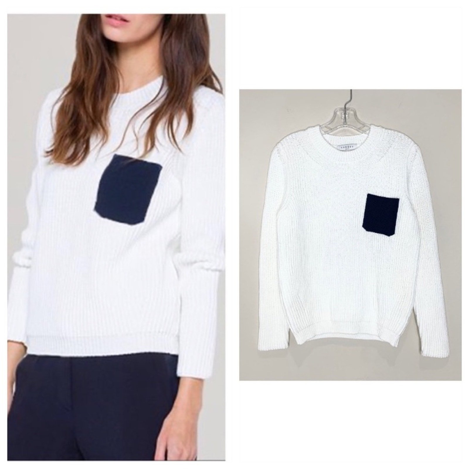 NEW Sandro Sharlene Knit Sweater (Sz 3 / L) Ribbed Crewneck Blanc Navy