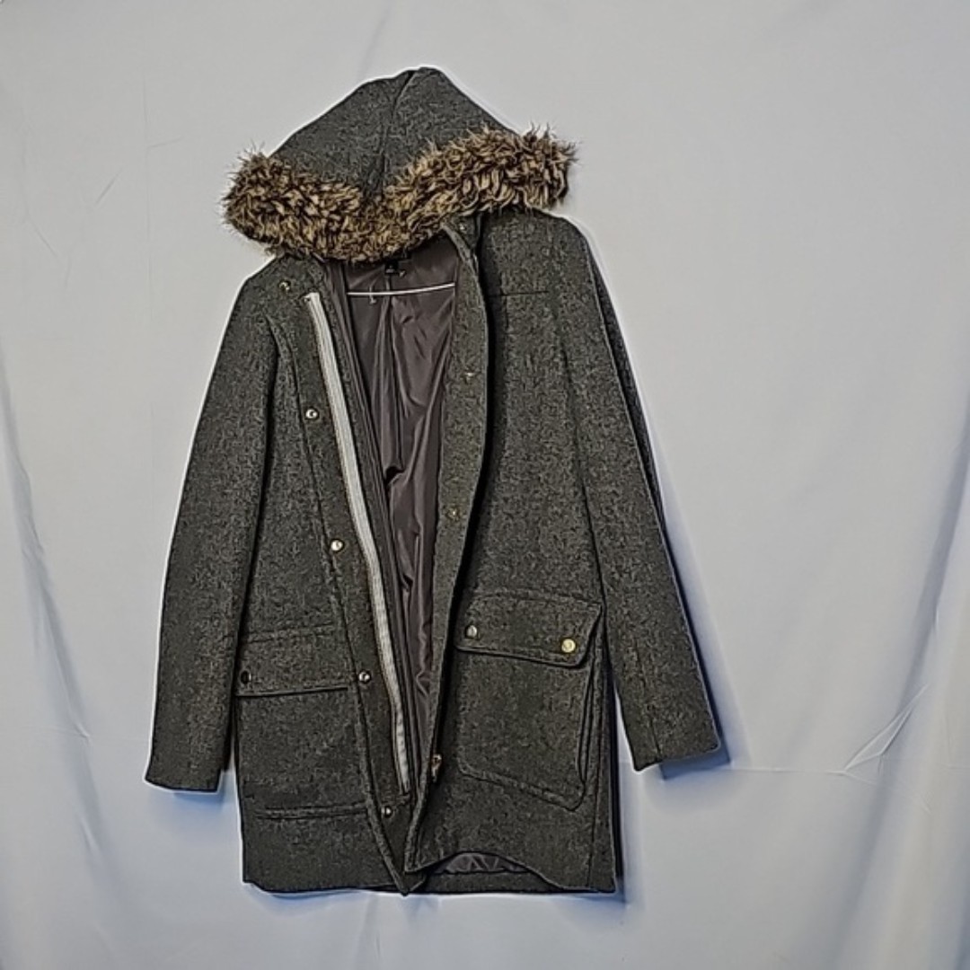 NWOT J. Crew Mercantile parka gray wool faux fur hood button down jacket sz 2