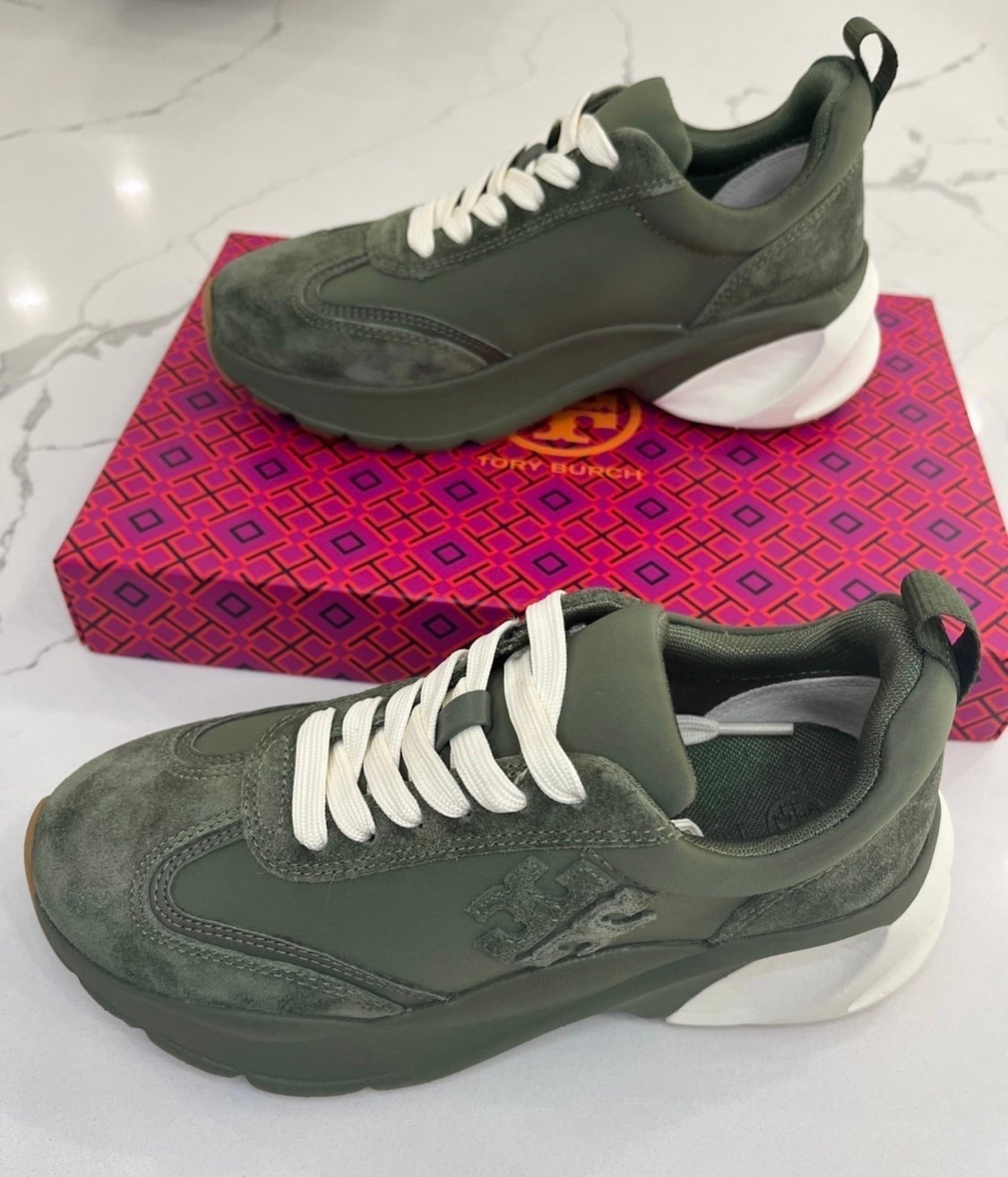 Size 5 - Tory Burch - Good Luck Sneaker - Palm Leaf- Olive Green/Off White