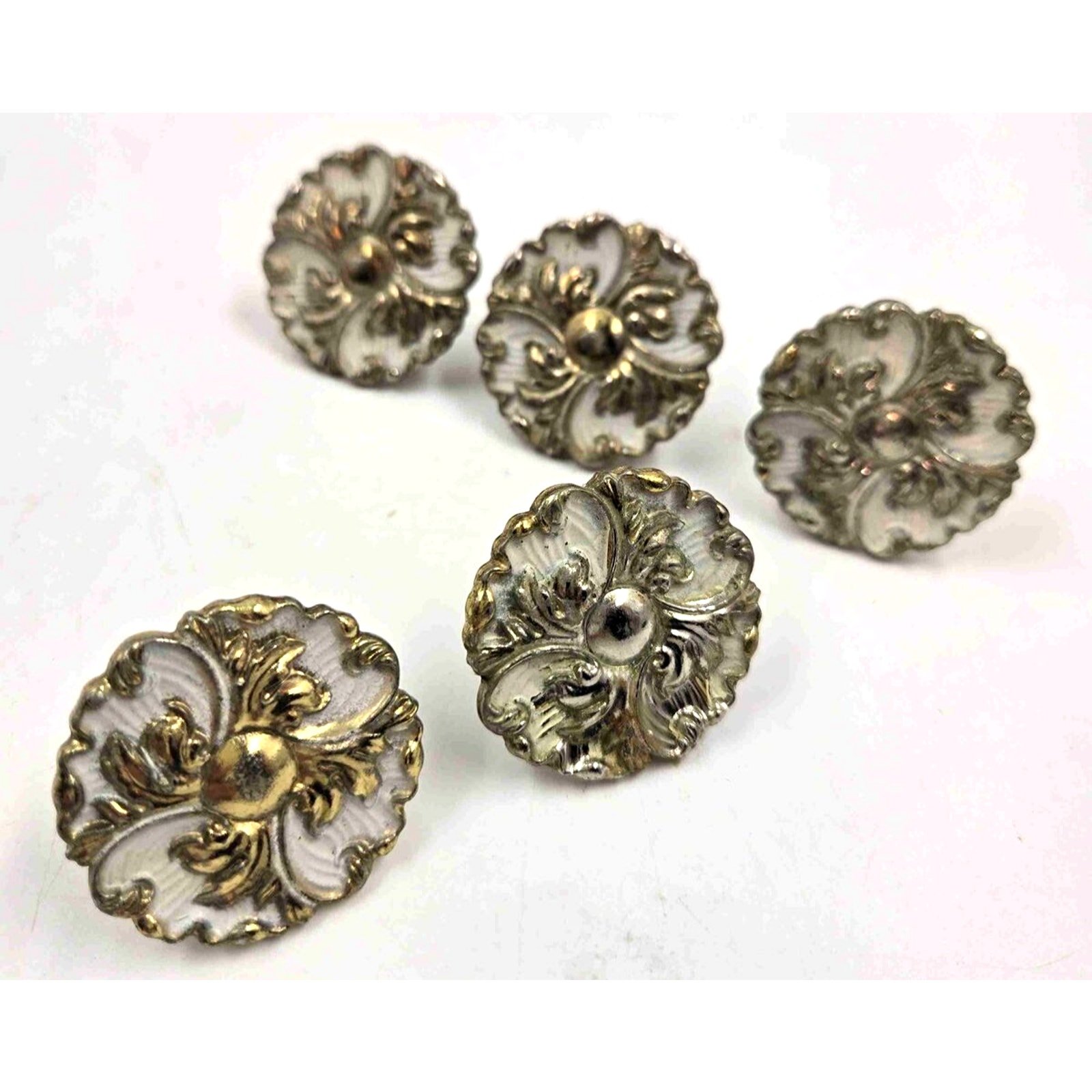 Vintage Ajax Provincial White Brass Metal Floral Gold Drawer Handle Set Of 5