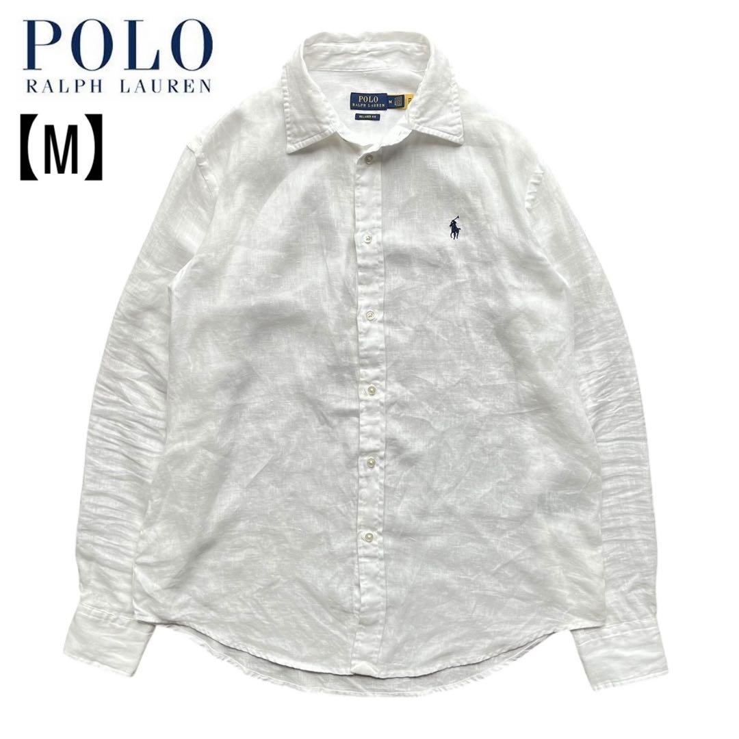 【Current/Excellent Condition】Ralph Lauren (M) Embroidered Logo Linen 100% Long Sleeve Shirt White