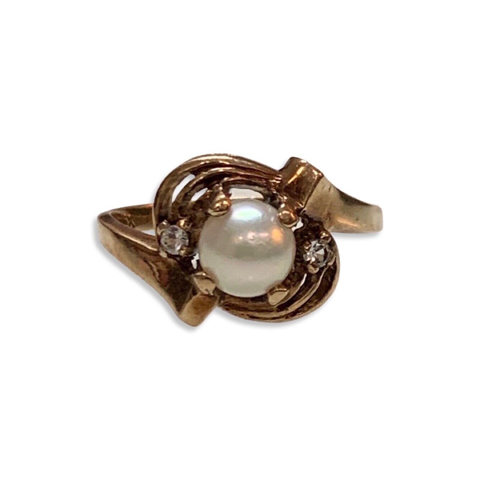 Gold Ring Vintage Pearl and Diamond Unique Concentric Design size 7.5
